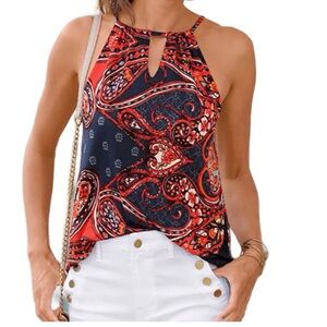 Lascana Women 12/14 Keyhole Sleeveless Red Navy Top Paisley Floral Boho Tank New